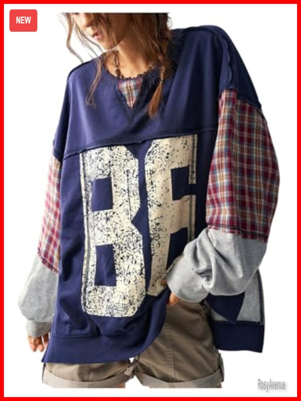 WDIRARA Women's Number Graphic Plaid Patchwork Sweatshirt Loose Fit Pullover